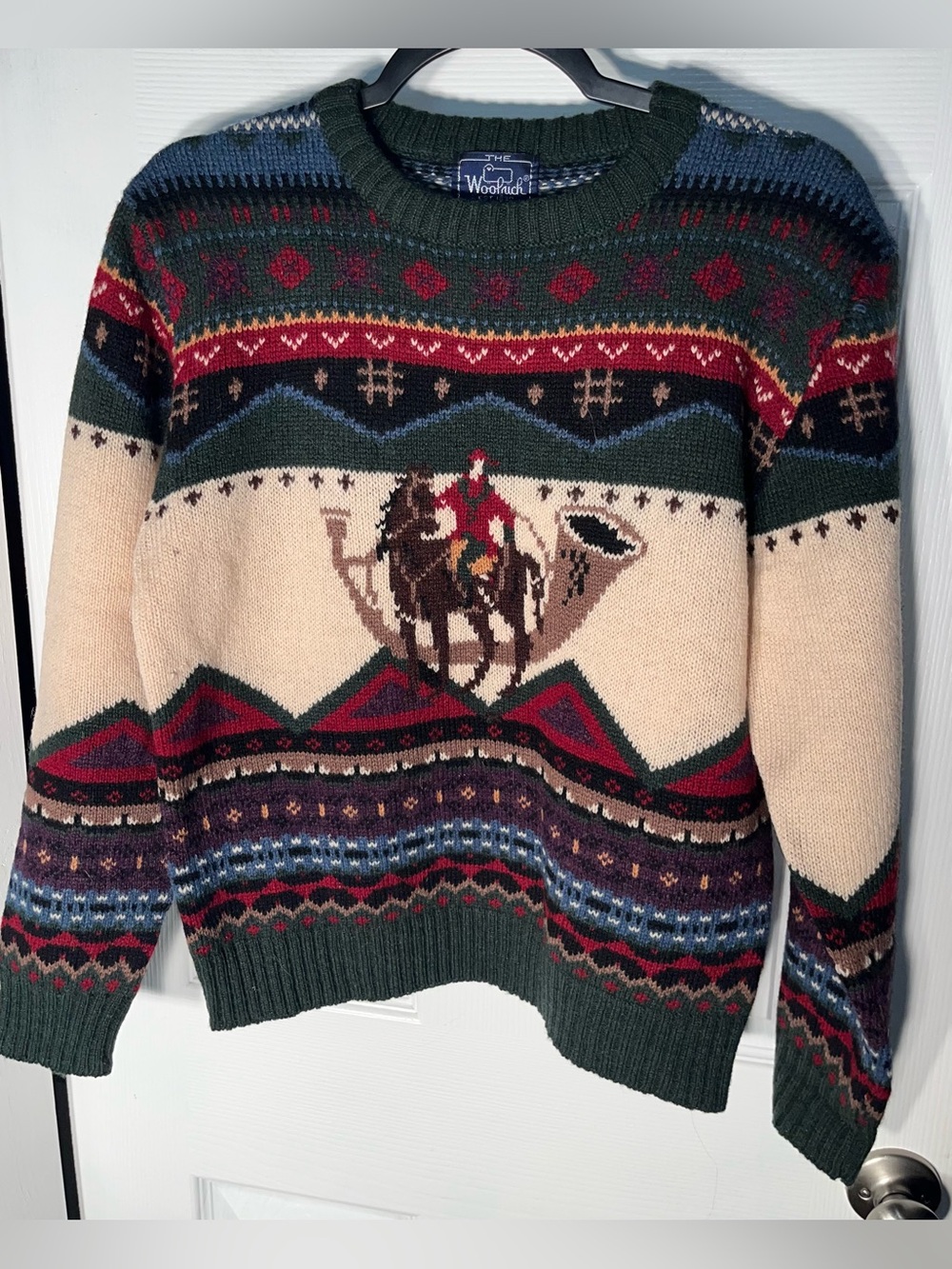 Vintage Woolrich 100% Wool Sweater Medium Pullover Polo Horse Horn Fair Isle